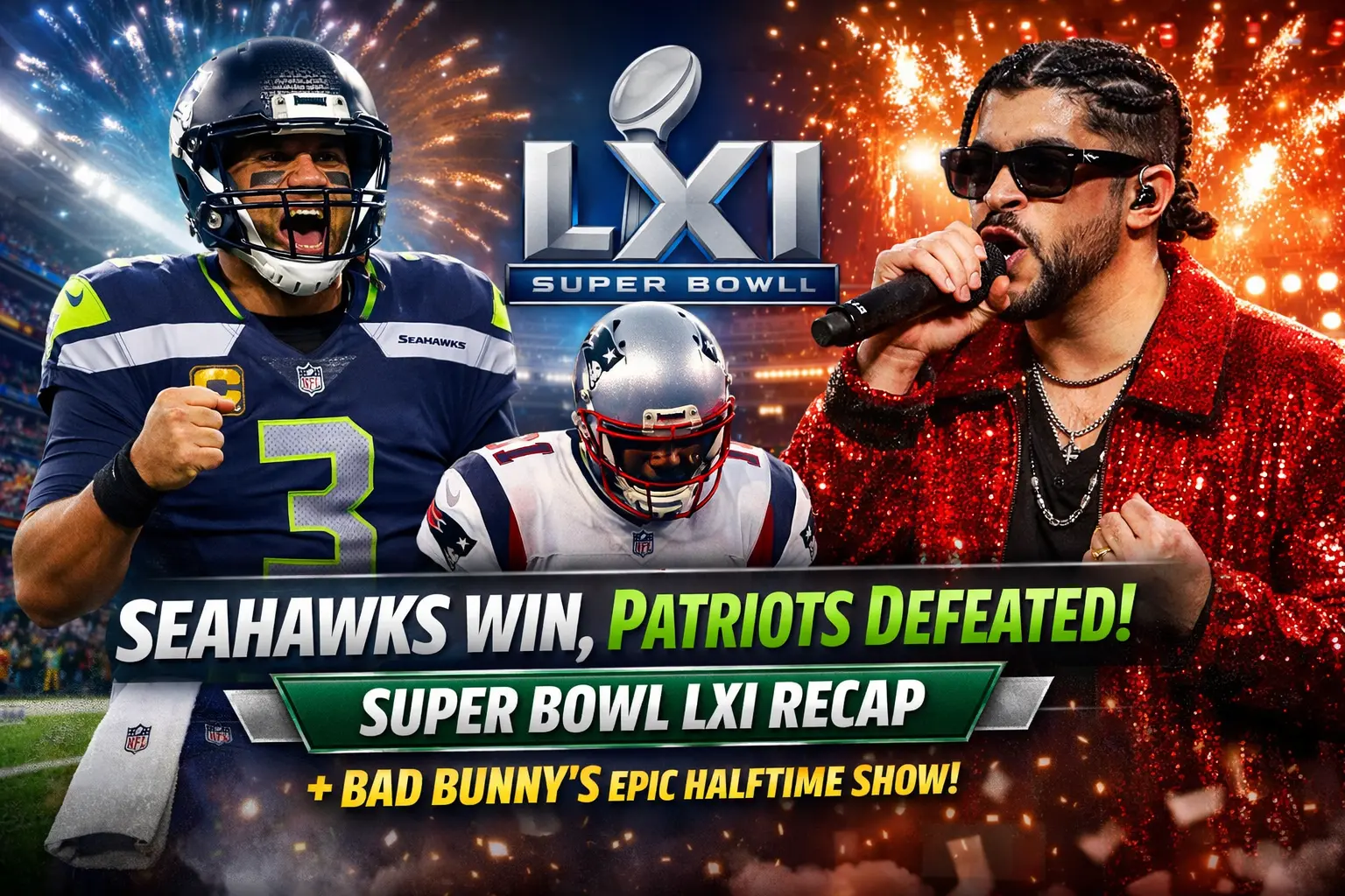 Promotional graphic for Super Bowl LXI featuring Seattle Seahawks celebrating their win against the New England Patriots, with Bad Bunny performing during the record-breaking halftime show.