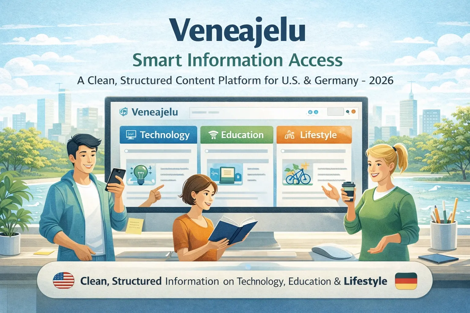 Veneajelu smart information platform with users exploring technology, education and lifestyle content in a modern digital environment