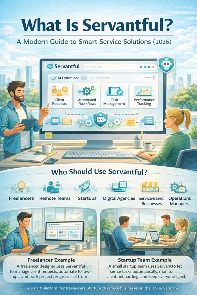 Servantful smart service platform dashboard showing client requests, automated workflows, task management and performance tracking for freelancers and startups