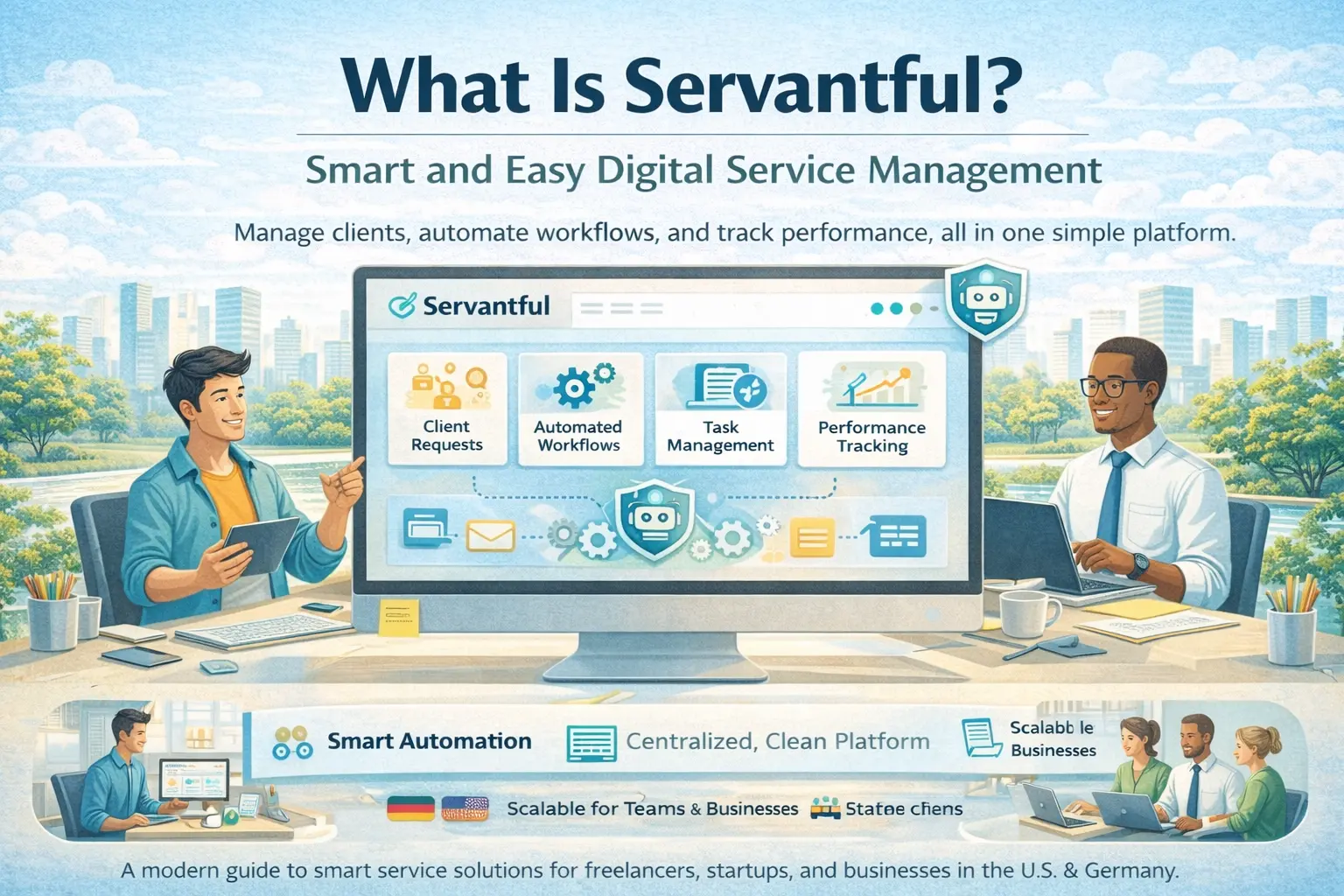 Servantful digital service management platform used by professionals to automate workflows, manage clients and track performance in a modern workspace