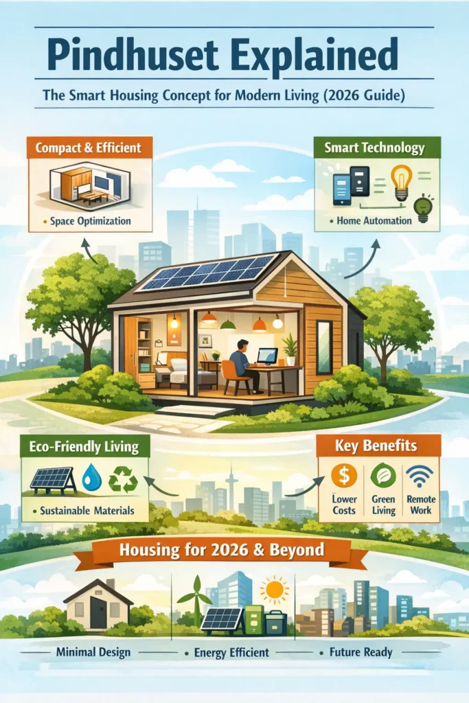 Modern Pindhuset smart home illustration featuring minimalist design, solar energy, remote work space and eco-friendly living concept