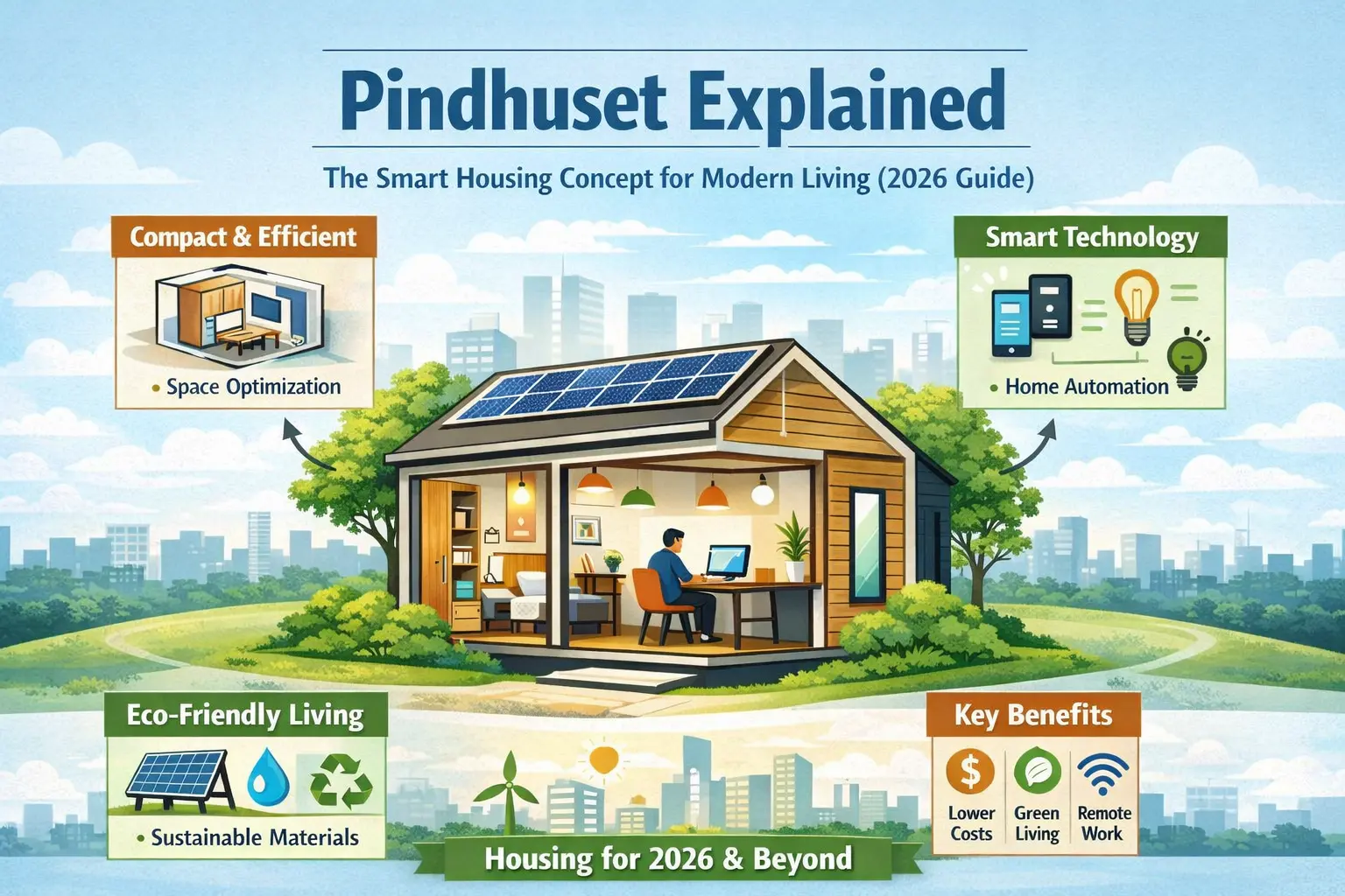 Pindhuset smart housing concept infographic showing compact eco-friendly home with solar panels, smart automation and modern living design