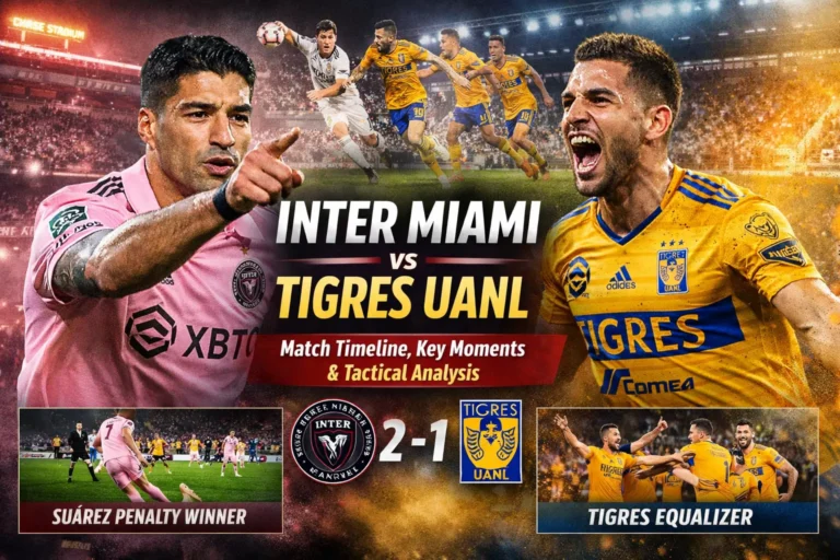 Inter Miami vs Tigres UANL Leagues Cup match graphic showing a 2–1 final score, with Luis Suárez celebrating in pink on the left and a Tigres player celebrating in yellow on the right, set inside a packed stadium under bright lights highlighting key match moments.