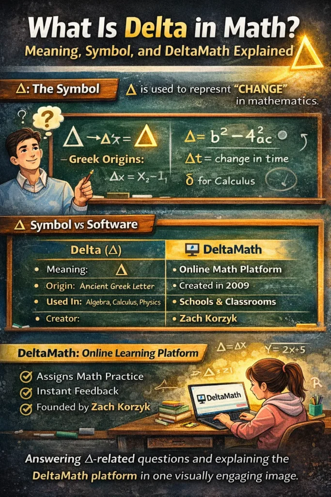 Colorful educational infographic explaining the delta symbol (Δ) in mathematics, showing formulas like Δx and b² − 4ac, and comparing the delta symbol with the DeltaMath online learning platform.