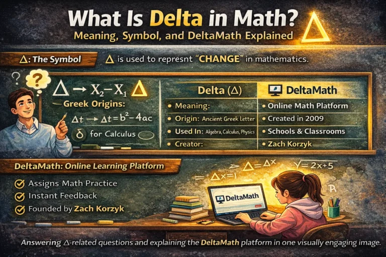 Wide Open Graph image titled “What Is Delta in Math?” featuring the delta symbol, examples of mathematical formulas, and a visual comparison between the Δ symbol and the DeltaMath educational platform.
