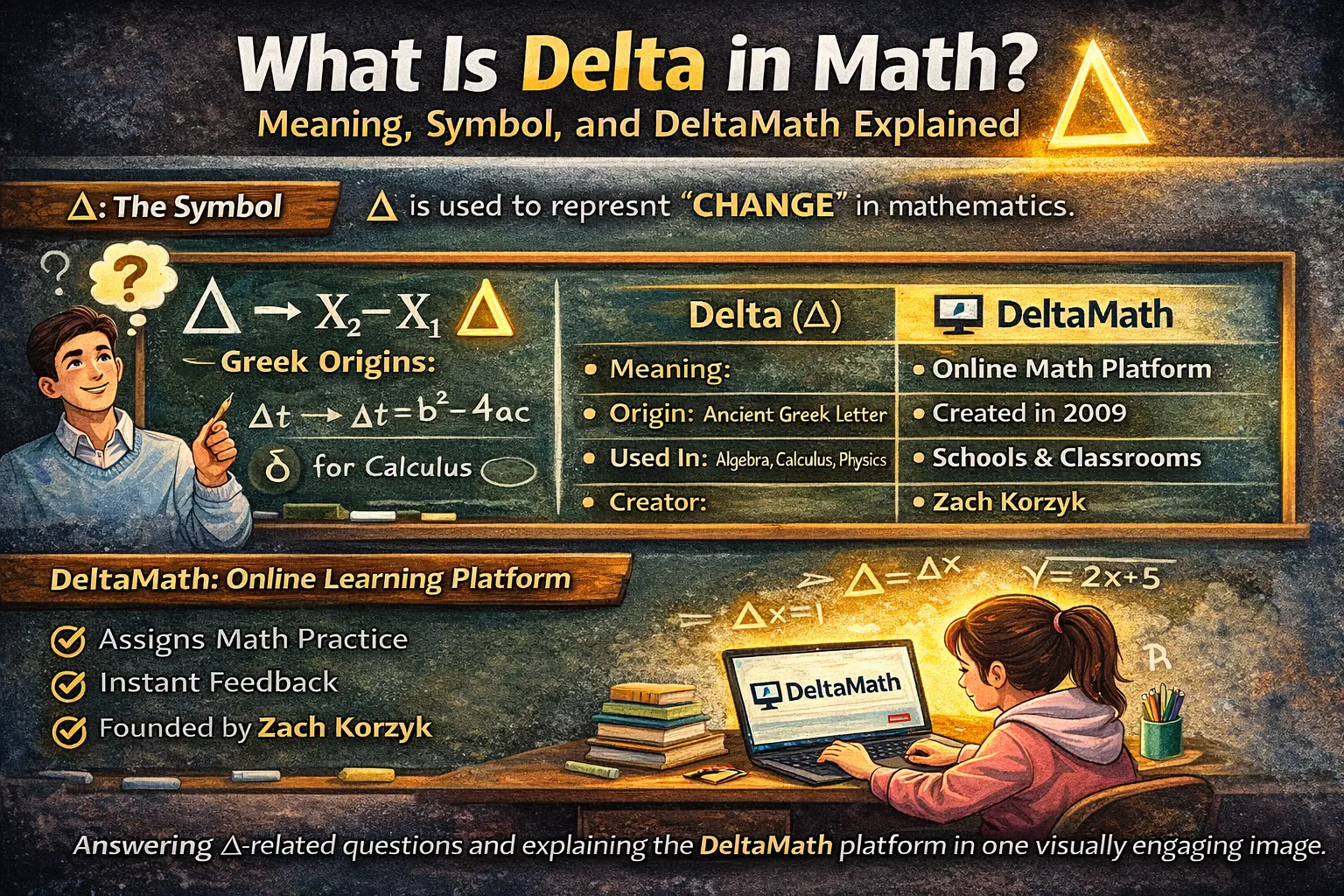 Wide Open Graph image titled “What Is Delta in Math?” featuring the delta symbol, examples of mathematical formulas, and a visual comparison between the Δ symbol and the DeltaMath educational platform.