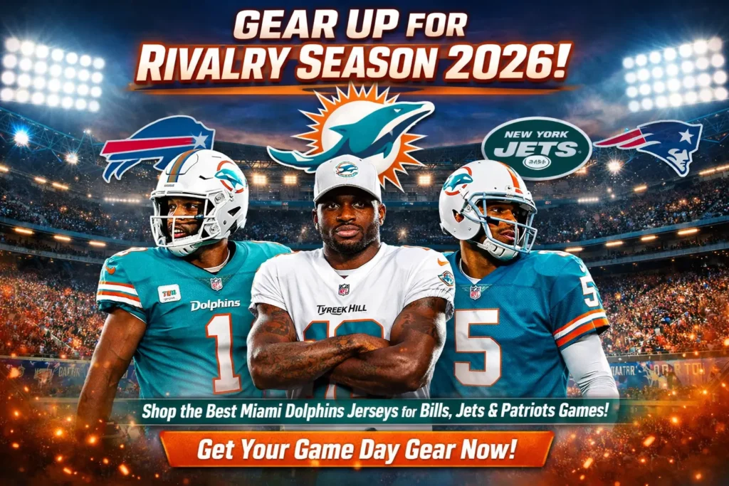 Miami Dolphins 2026 Rivalry Jerseys with Tua Tagovailoa, Tyreek Hill, and Jalen Ramsey in action, set against a brightly lit stadium backdrop. The image promotes rivalry matchups against the Bills, Jets, and Patriots, with a call to action to shop for game day gear.
