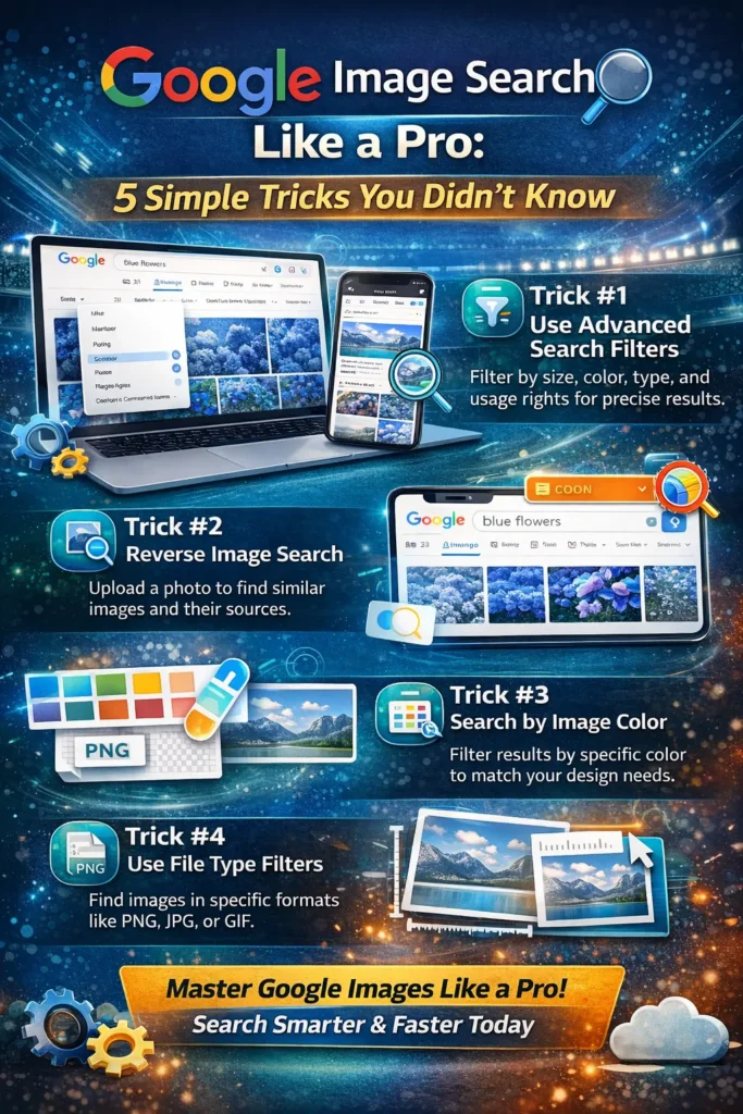 Infographic showcasing 5 Google Image Search tricks: advanced filters, reverse image search, color search, file type filters, and image dimensions filters. Includes actionable steps and examples for efficient image search.