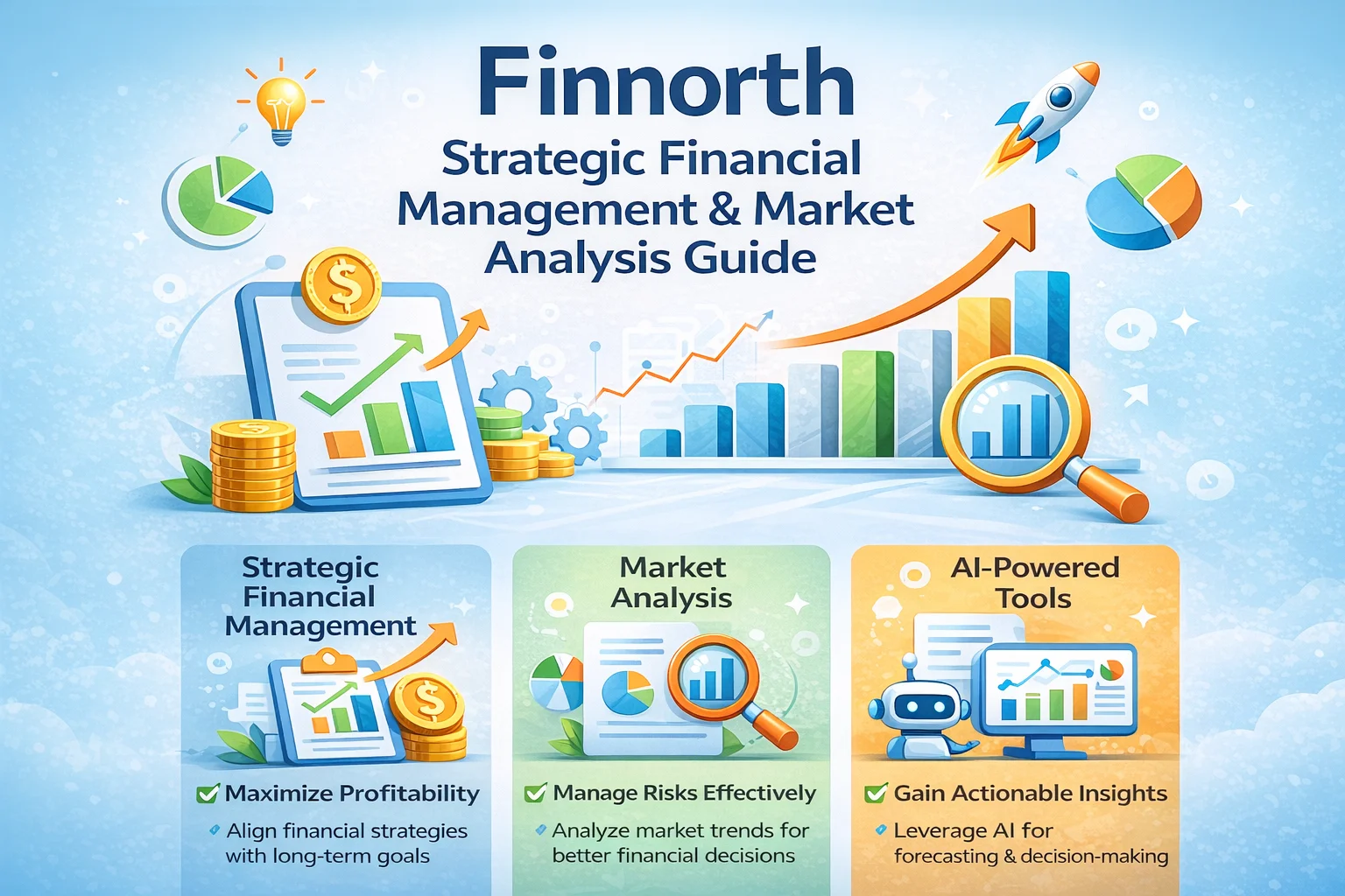 Finnorth Strategic Financial Management & Market Analysis Guide infographic showing key areas of focus: Strategic Financial Management, Market Analysis, and AI-Powered Tools. Includes visual elements such as charts, graphs, coins, and AI symbols highlighting the benefits of maximizing profitability, managing risks, and gaining actionable insights.