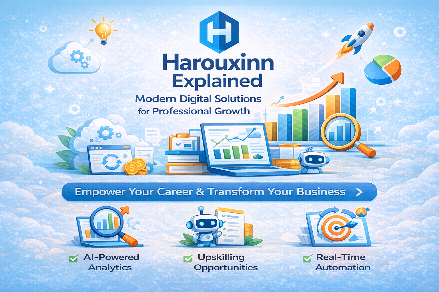 Harouxinn Explained infographic showcasing modern digital solutions for professional growth, highlighting key offerings such as Digital Workplace Solutions, Professional Upskilling, and Business Automation Tools with icons, charts, and AI-powered analytics visuals.