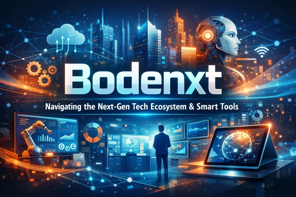 Bodenxt next-gen tech ecosystem with AI, smart tools, cloud computing, and futuristic digital city interface