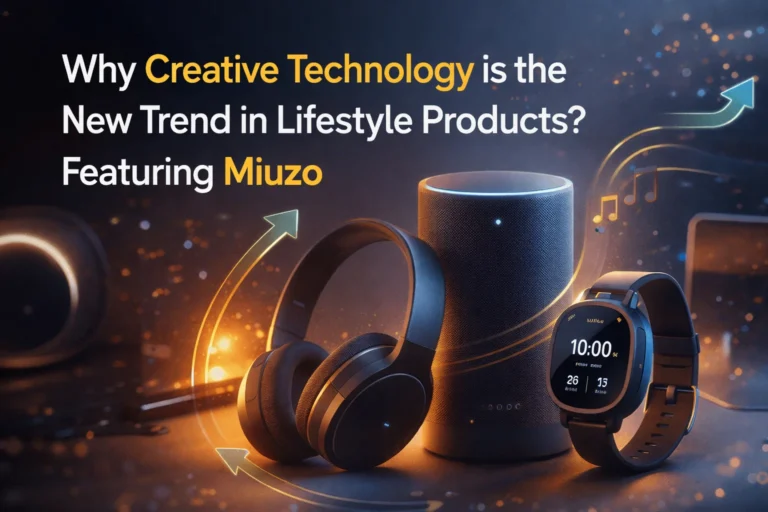 Miuzo Creative Technology lineup showcasing sleek headphones, smart speaker, and dynamic smartwatch with glowing geometric shapes, emphasizing innovation in lifestyle products.
