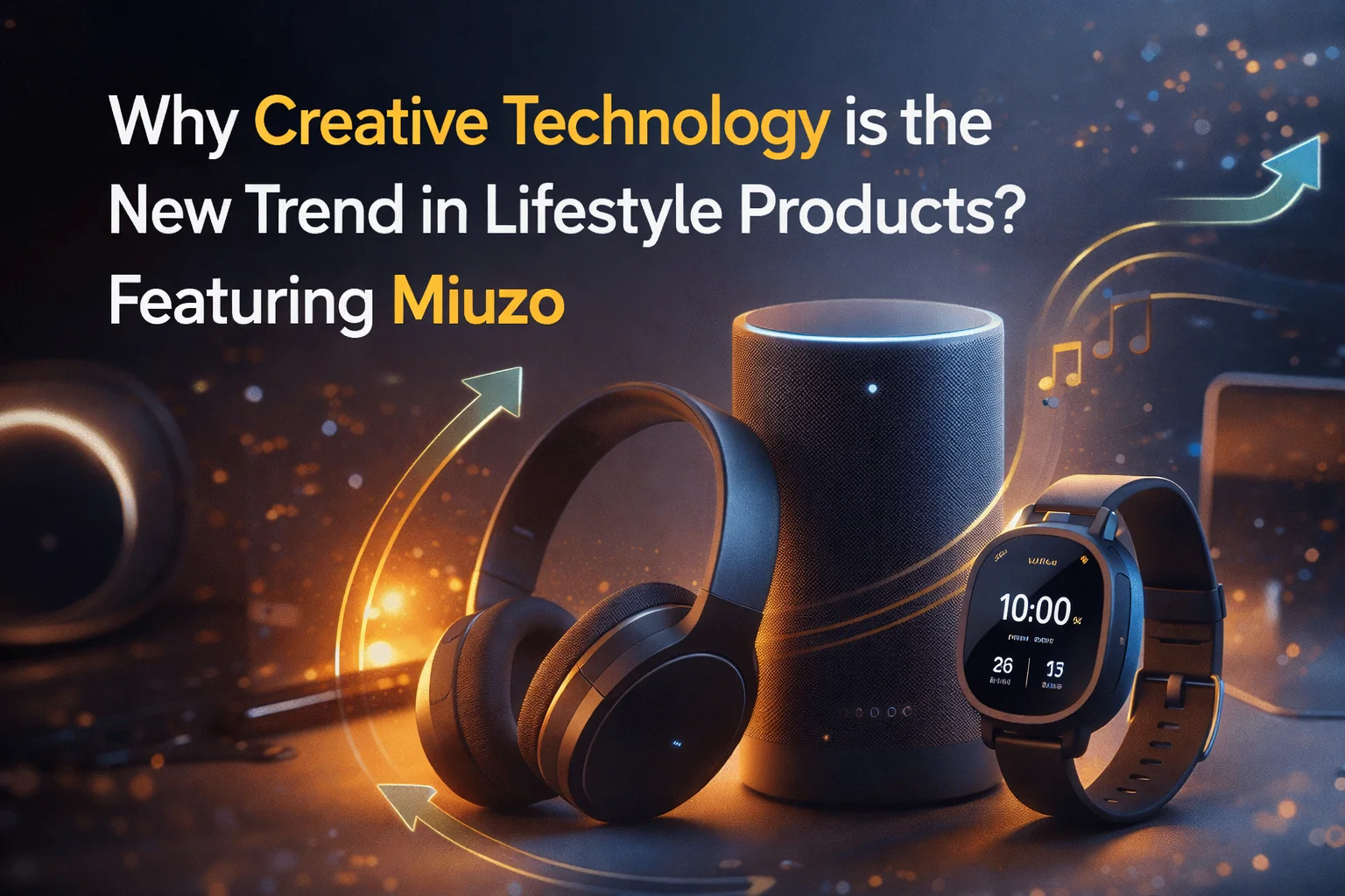 Miuzo Creative Technology lineup showcasing sleek headphones, smart speaker, and dynamic smartwatch with glowing geometric shapes, emphasizing innovation in lifestyle products.