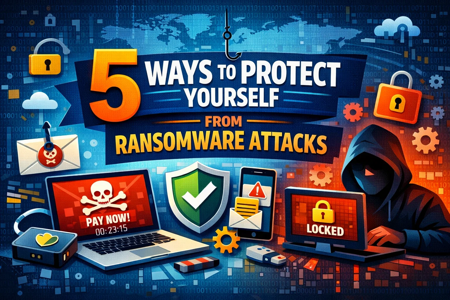 igital illustration showcasing the concept of protecting against ransomware attacks. Key elements include padlocks, a hacker silhouette, a compromised laptop with a warning message, backup shield, and a timer counting down, all set against a backdrop of binary code. The image uses vibrant orange, yellow, and red tones to emphasize the urgency of cybersecurity.