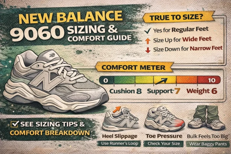 Open graph graphic for New Balance 9060 sizing and comfort guide featuring fit recommendations, cushioning breakdown, breathability details, and styling tips for chunky sneakers.