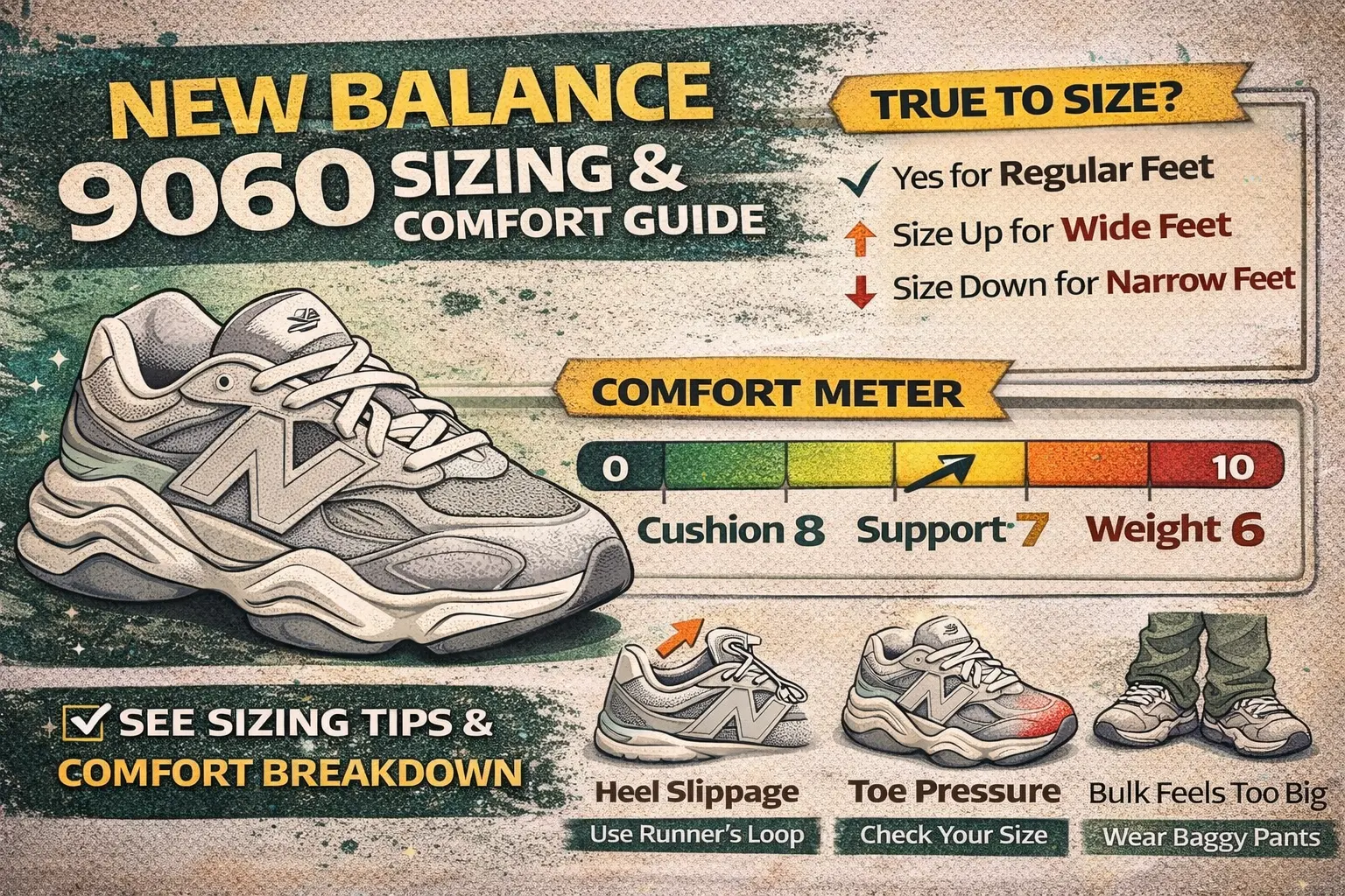 Open graph graphic for New Balance 9060 sizing and comfort guide featuring fit recommendations, cushioning breakdown, breathability details, and styling tips for chunky sneakers.