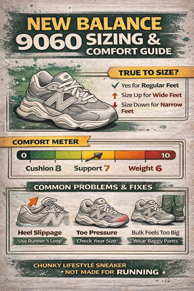 Infographic showing New Balance 9060 sizing guide with true to size recommendation, wide and narrow foot advice, comfort meter ratings, and common chunky shoe problems with fixes.