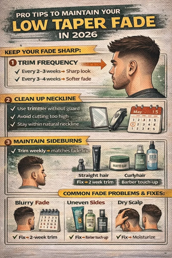 Infographic showing how to maintain a low taper fade in 2026, including trim frequency, neckline cleanup tips, sideburn maintenance, and common fade problems with fixes.
