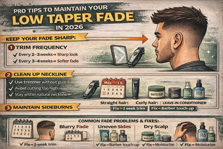 Open graph image for low taper fade maintenance guide featuring barber tips, trim frequency advice, neckline care instructions, and fade problem solutions.