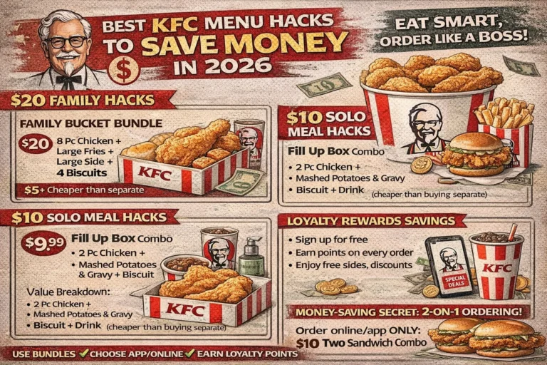 Infographic showing KFC menu hacks for 2026 including family bucket deals, solo meal combos, loyalty rewards savings, and tips to avoid overpaying.
