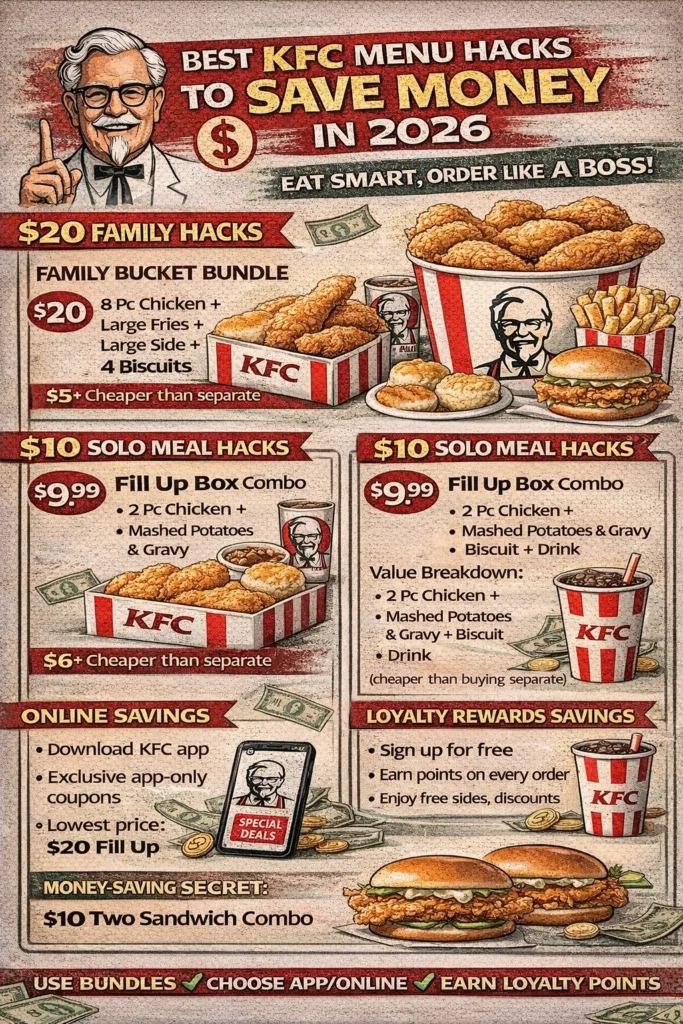 Article-sized graphic for KFC Menu 2026 guide featuring value meal comparisons, bucket vs combo pricing tips, app discounts, and smart ordering advice.