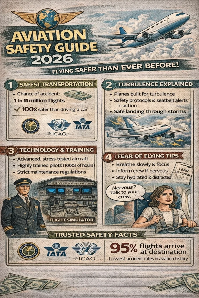 Infographic explaining aviation safety in 2026, including flight safety statistics, turbulence explanation, pilot training standards, global aviation authorities, and tips to reduce fear of flying.