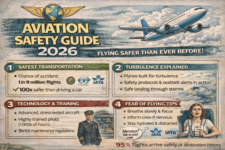 Open graph image for Aviation Safety Guide 2026 featuring flight safety facts, turbulence safety information, pilot training insights, and anxiety reduction tips for air travelers.