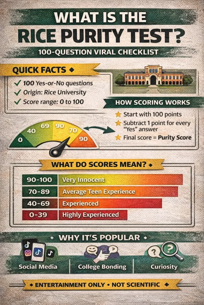 Infographic explaining what the Rice Purity Test is, including 100-question checklist format, origin at Rice University, 0–100 scoring scale, score meaning color chart, and reasons for popularity.