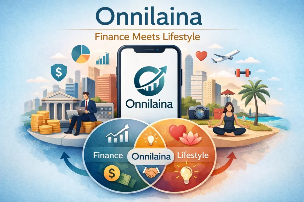 Infographic showing Onnilaina platform as the intersection of Finance and Lifestyle with AI-powered insights, community support, and wellness/travel elements.