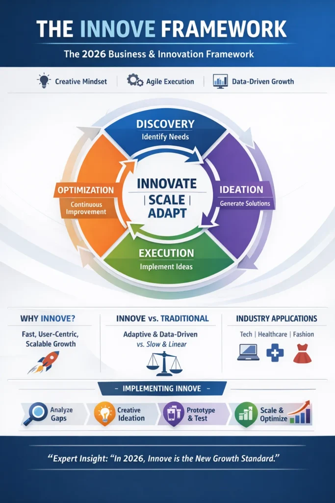 Infographic showing the Innove Framework with four pillars—Discovery, Ideation, Execution, and Optimization—illustrating a circular business and innovation process for scalable growth in 2026