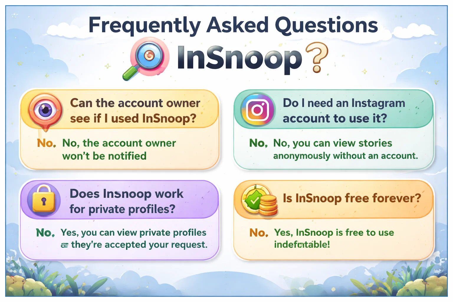 Explore the most frequently asked questions about InSnoop in this engaging FAQ infographic. Learn how it works, including its anonymity features, support for private profiles, and free usage status.