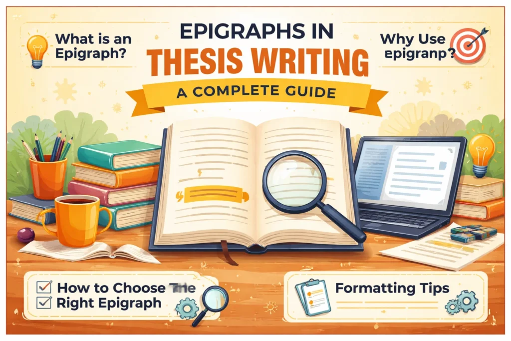Infographic showing a detailed guide on epigraphs in thesis writing, including sections on choosing the right epigraph, understanding its purpose, and formatting tips.