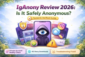 Infographic for the IgAnony Review 2026, showcasing key features like privacy tips, HD story downloads, proxy safety, troubleshooting fixes, and a private account reality check, with a vibrant design and secure icons.