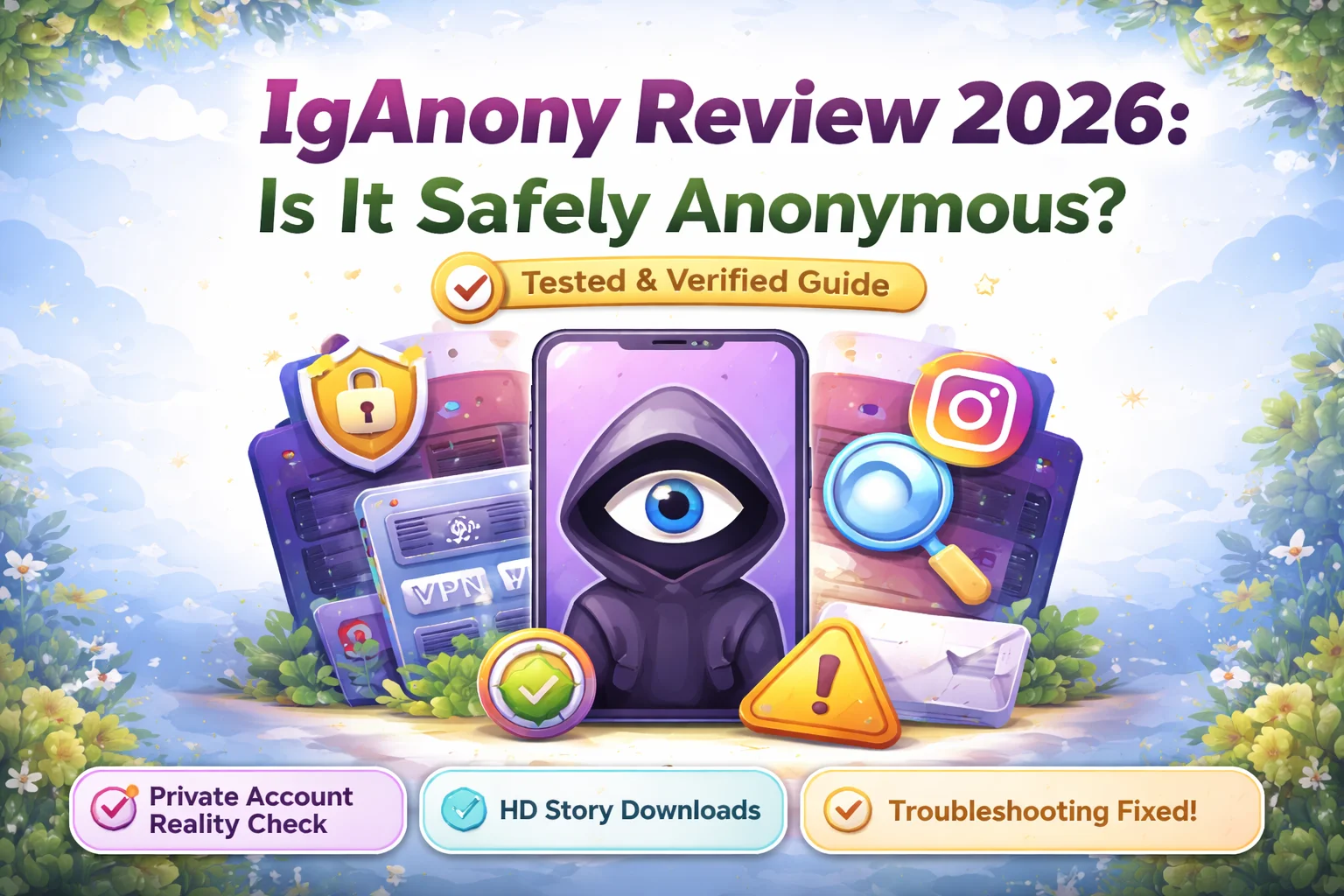 Infographic for the IgAnony Review 2026, showcasing key features like privacy tips, HD story downloads, proxy safety, troubleshooting fixes, and a private account reality check, with a vibrant design and secure icons.