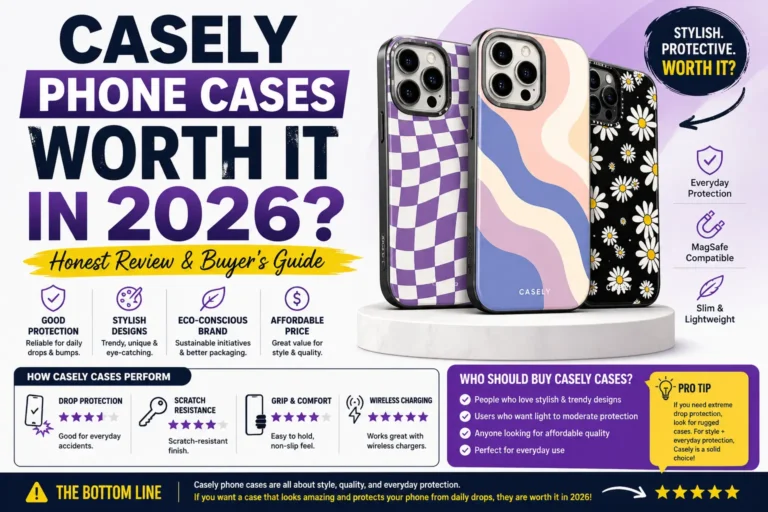 Casely phone cases review infographic with protection rating, features, pros and cons, and buying guide for 2026